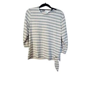 Cathy Daniels Long Sleeve Scoopneck Pullover Blouse Lar Knot Hem PinkGray Stripe